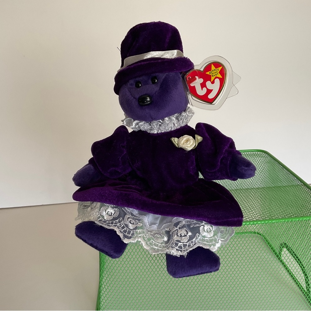 Vintage Ty Beanie Baby Princess Diana Bear with Purple Dress and Hat